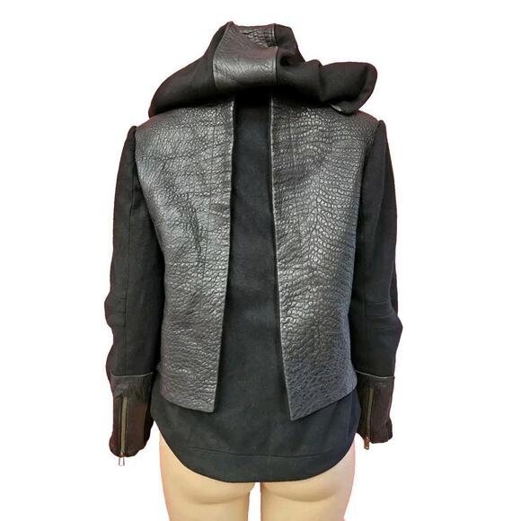 LAMB By Gwen Stefani RARE Black Leather Wool Sz 8 Hooded Womens Coat Jacket #CB2 - Picture 2 of 10